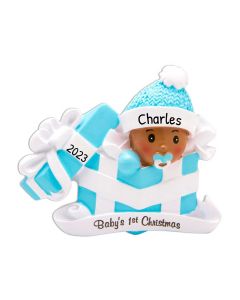 Personalized Christmas Baby's 1st in Present Tree Ornament Blue 