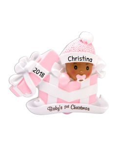 Personalized Christmas Baby's 1st in Present Tree Ornament Pink 
