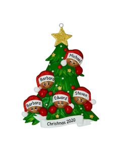 Personalized Christmas Tree with African American Faces Family of 5 Ornament 