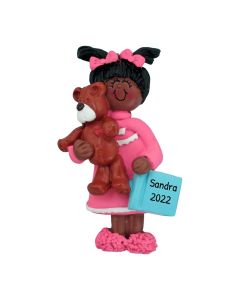 Personalized Child with Teddy Bear Christmas Tree Ornament Brunette African American