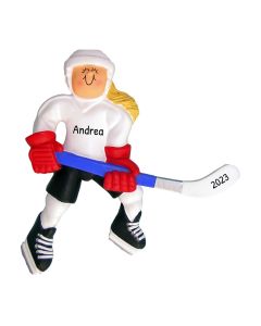 Personalized Ice Hockey Girl Christmas Tree Ornament Female Blonde 
