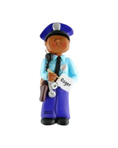 Personalized Police Officer Christmas Tree Ornament Male African American Brunette 
