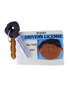 Personalized Driver's License Boy Christmas Tree Ornament Brunette African American