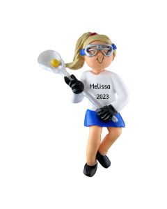 Personalized Lacrosse Girl Christmas Tree Ornament Blonde