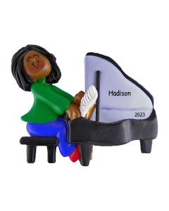 Personalized Musician Girl Playing Piano Christmas Tree Ornament Female Brunette African American