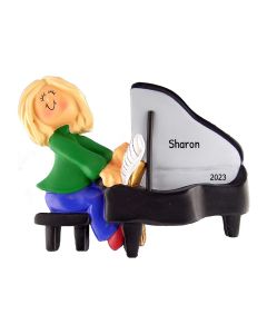 Personalized Musician Girl Playing Piano Christmas Tree Ornament Female Blonde Caucasian