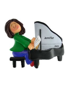 Personalized Musician Girl Playing Piano Christmas Tree Ornament Hair Female Brunette Caucasian