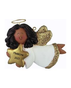 Personalized Angel with Star Christmas Tree Ornament Female African American Brunette