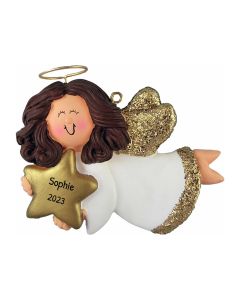 Personalized Angel with Star Christmas Tree Ornament Female Caucasian Brunette