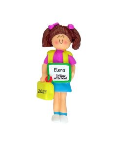 Personalized First Day of School Christmas Tree Ornament Female Brunette Caucasian