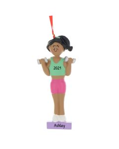 Personalized Weight Lifter Christmas Tree Ornament Female Brunette African American