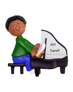 Personalized Musician Boy Playing Piano Christmas Tree Ornament Brunette African American