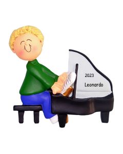 Personalized Musician Boy Playing Piano Christmas Tree Ornament Blonde Caucasian
