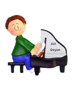 Personalized Musician Boy Playing Piano Christmas Tree Ornament Brunette Caucasian