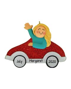 Personalized Red Car Blonde Girl Christmas Tree Ornament