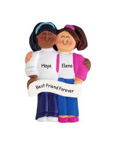 Personalized Best Friends Sisters Christmas Tree Ornament Brunette African American And Caucasian