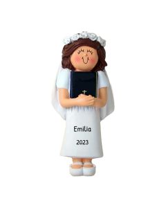 Personalized First Communion Bible Christmas Tree Ornament Female Brunette