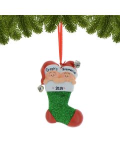 Personalized Twins Babies First Christmas Stocking Ornament 