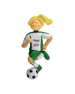Personalized Soccer Boy Christmas Tree Ornament Female Blonde Caucasian Green