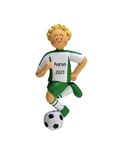 Personalized Soccer Boy Christmas Tree Ornament Male Blonde Caucasian Green