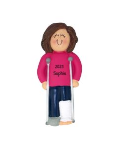 Personalized Crutches Christmas Tree Ornament Female Brunette