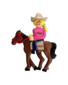 Personalized Horseback Riding Christmas Tree Ornament Female Blonde Pink