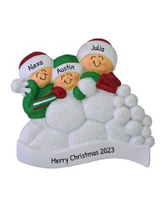 Personalized Snowball Fight Family of 3 Christmas Tree Ornament