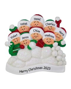 Personalized Snowball Fight Family of 8 Christmas Tree Ornament
