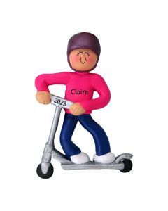 Personalized Kid Riding Scooter Christmas Tree Ornament Female Pink