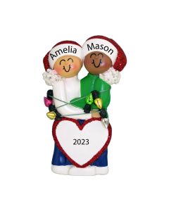 Personalized Tangled in Real Lights Family of 2 Christmas Tree Ornament Female and Male Female Caucasian and Male African American