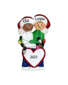 Personalized Tangled in Real Lights Family of 2 Christmas Tree Ornament Female and Male Female African American and Male Caucasian