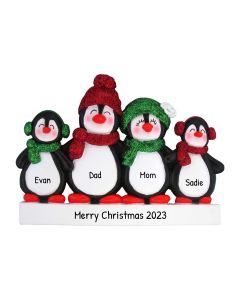 Personalized Penguin Family of 4 Christmas Tree Ornament
