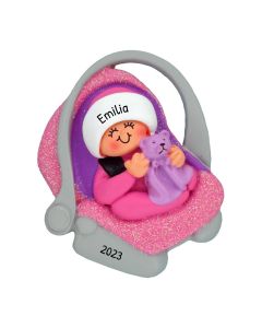 Personalized Baby in Carrier Christmas Tree Ornament Female Pink