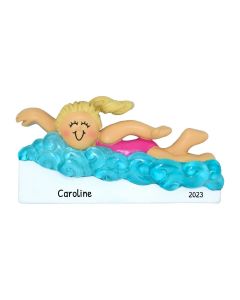 Personalized Learning to Swim Christmas Tree Ornament Female Blonde Pink