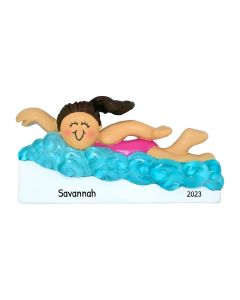 Personalized Learning to Swim Christmas Tree Ornament Female Brunette Pink 