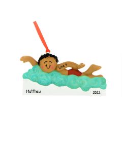 Personalized Learning to Swim African American Boy in Pool Christmas Tree Ornament