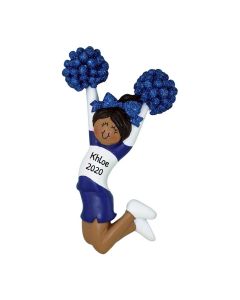 Personalized Cheerleader Christmas Tree Ornament Brunette Blue African American