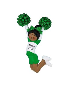 Personalized Cheerleader Christmas Tree Ornament Brunette Green African American