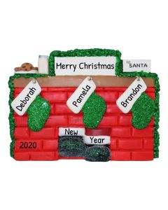 Personalized Fireplace Family of 3 Christmas Tree Ornament
