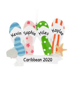 Personalized Flip Flop Family of 4 Christmas Tree Ornament 