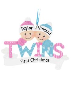 Personalized Twins Christmas Tree Ornament Blue Pink Female and Male 