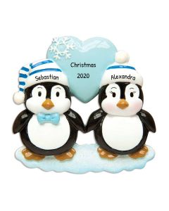 Personalized Penguin Couple on Heart Christmas Ornament