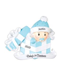Personalized Baby's 1st Christmas in Present Tree Ornament Male Blue 