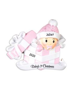 Personalized Baby's 1st Christmas in Present Tree Ornament Female Pink 