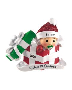 Personalized Baby's 1st Christmas in Present Tree Ornament Gender Neutral Red