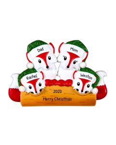 Personalized Red Fox Family of 4 Christmas Ornament 