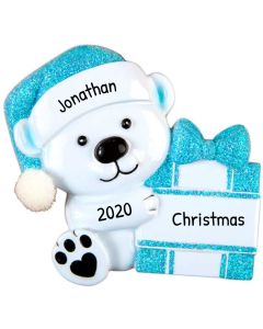 Personalized Baby Bear hold Present Christmas Tree Ornament Male Blue