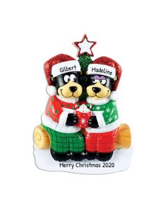 Personalized Black Bear with Hot Chocolate Family of 2 Christmas Tree Ornament 