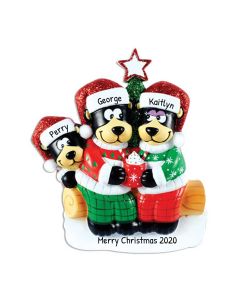 Personalized Black Bear with Hot Chocolate Family of 3 Christmas Tree Ornament 