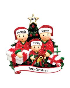 Personalized Opening Present Family of 3 Christmas Tree Ornament